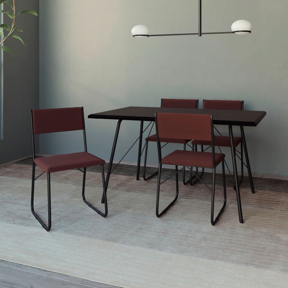 Mesa Jantar Paraty 137cm Tampo Preto com 4 Cadeiras Angra Estofadas Preta e Marrom