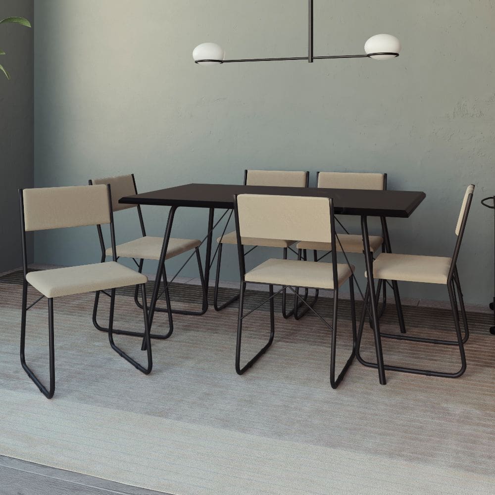 Mesa Jantar Paraty 150cm Tampo Preto com Cadeiras 6 Cadeiras Angra Estofadas Preta e Bege