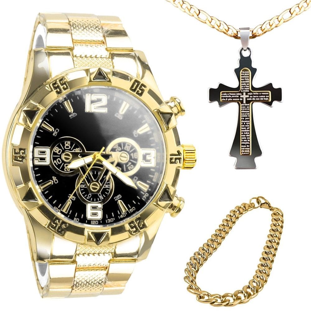 Relogio masculino dourado + pulseira cruz grumet corrente