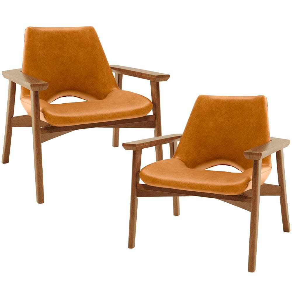 Kit 02 Poltronas Decorativa Para Sala de Estar Living Base Madeira Becker L02 Couríssimo Whisky - Lyam Decor
