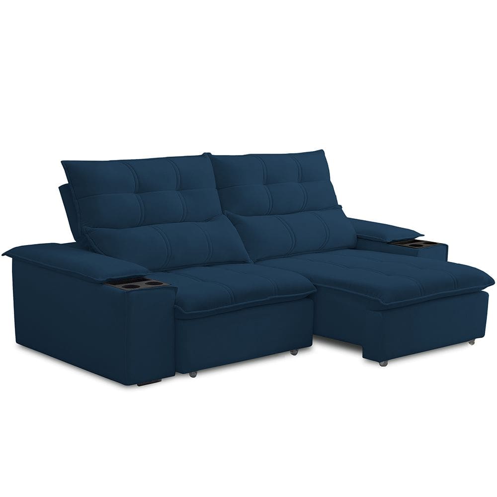 Sofá Retrátil Reclinável Para Sala de Estar Living 210cm Ártico F04 Veludo Azul - Lyam Decor