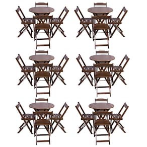 Kit 6 Jogos de Mesa Dobravel com 4 Cadeiras Tampo Redondo 70x70 Imbuia