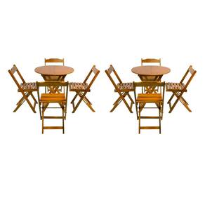 Kit 2 Jogos de Mesa Dobravel com 4 Cadeiras Tampo Redondo 70x70 Castanho