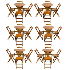 Kit 6 Jogos de Mesa Dobravel com 4 Cadeiras Tampo Redondo 70x70 Castanho