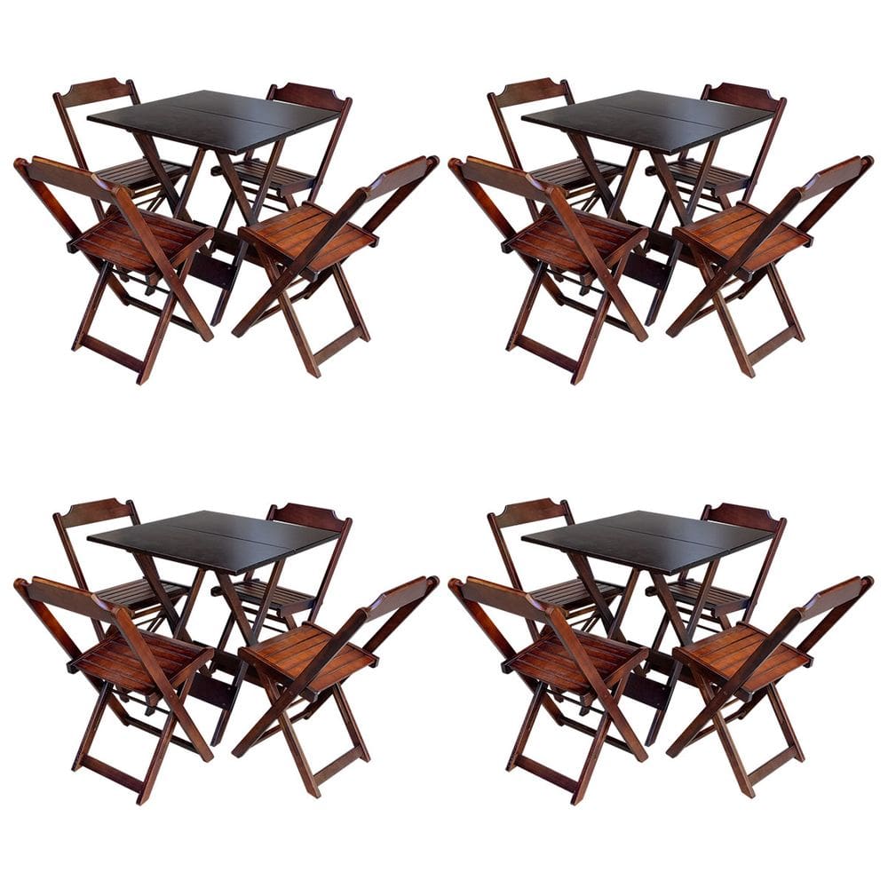 Kit 4 Jogos de Mesa com 4 Cadeiras de Madeira Dobravel 60x60 Ideal para Bar e Restaurante - Imbuia
