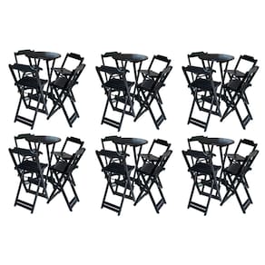 Kit 6 Jogos de Mesa Bistrô de Madeira com 4 Cadeiras Dobravel Ideal para Bar e Restaurante Preto