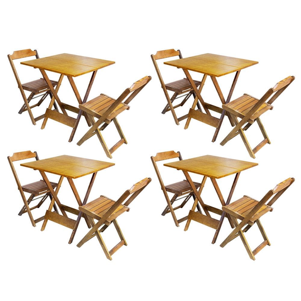 Kit 4 Conjuntos de Mesa Dobravel com 2 Cadeiras de Madeira 70x70 - Castanho