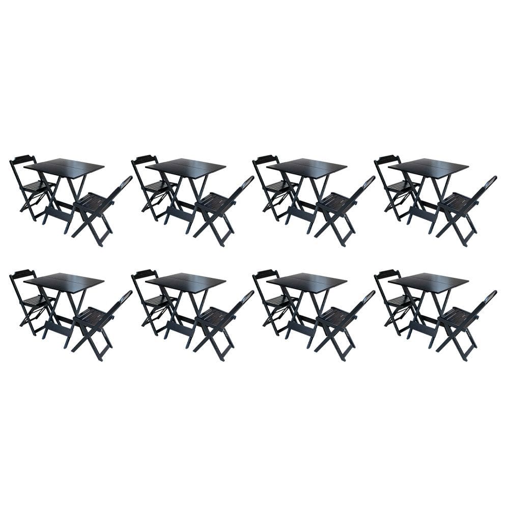 Kit 8 Conjuntos de Mesa Dobravel com 2 Cadeiras de Madeira 70x70 - Preto