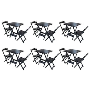 Kit 6 Conjuntos de Mesa Dobravel com 2 Cadeiras de Madeira 70x70 - Preto