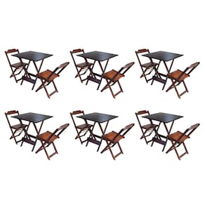 Kit 6 Jogos de Mesa Dobravel com 2 Cadeiras de Madeira 70x70 Ideal para Bar e Restaurante - Imbuia