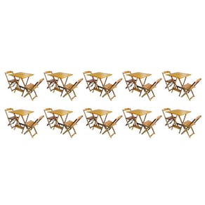 Kit 10 Jogos de Mesa Dobravel com 2 Cadeiras de Madeira 70x70 Ideal para Bar e Restaurante - Castanho