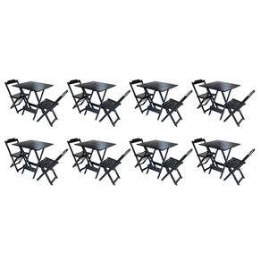 Kit 8 Jogos de Mesa Dobravel com 2 Cadeiras de Madeira 70x70 Ideal para Bar e Restaurante - Preto