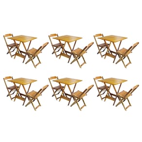 Kit 6 Conjuntos de Mesa Dobravel com 2 Cadeiras de Madeira 70x70 Ideal para Bar e Restaurante - Castanho