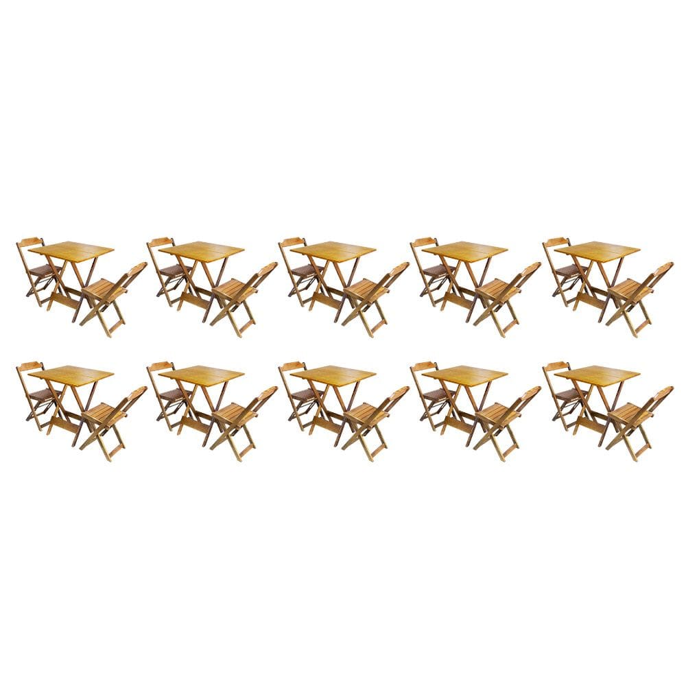 Kit 10 Conjuntos de Mesa Dobravel com 2 Cadeiras de Madeira 70x70 Ideal para Bar e Restaurante - Castanho