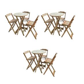 Kit 3 Jogos de Mesas Bistrô de Madeira Dobrável com 3 Banquetas - Crua