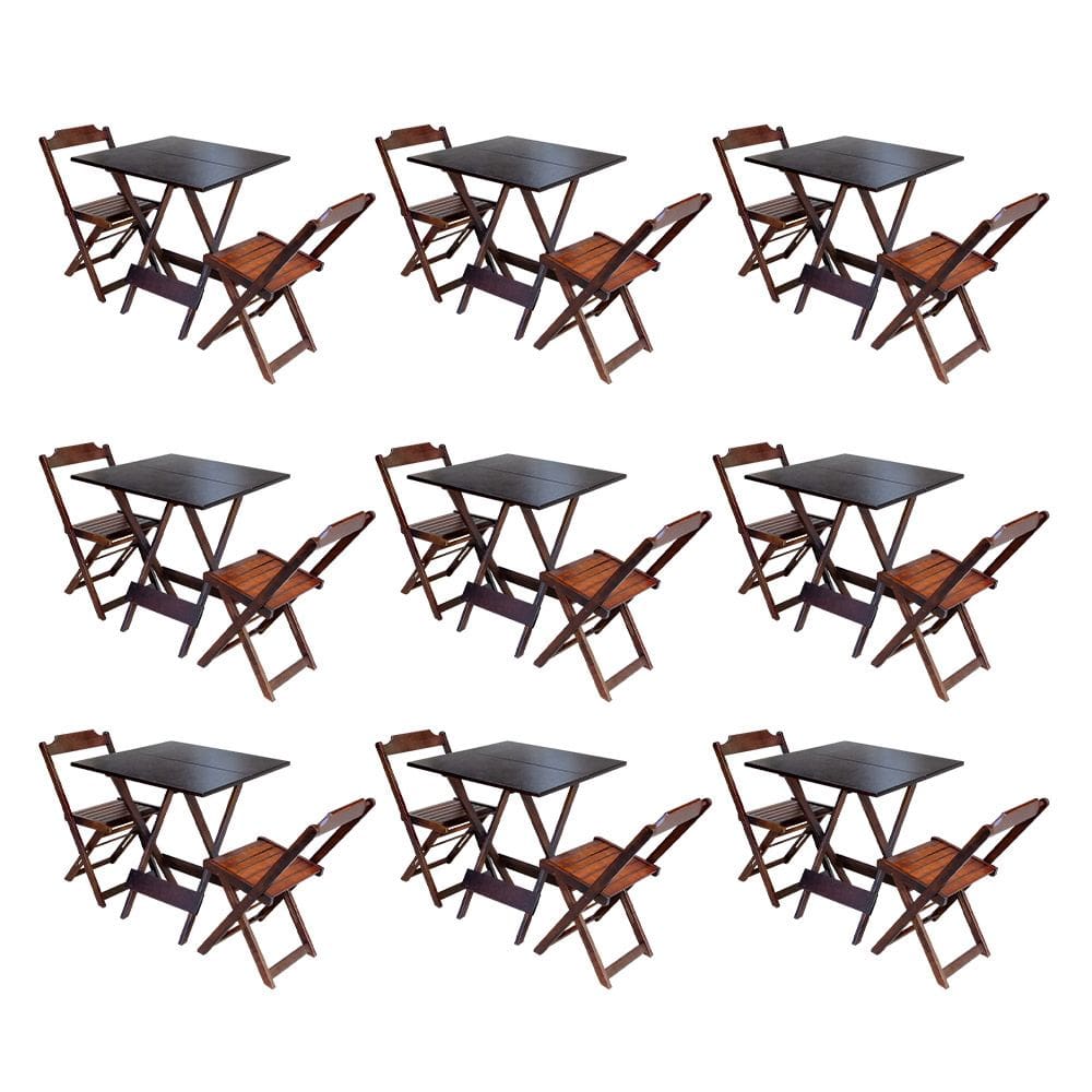 Kit 9 Jogos de Mesa Dobravel com 2 Cadeiras de Madeira 70x70 para Restaurante e Bar - Imbuia