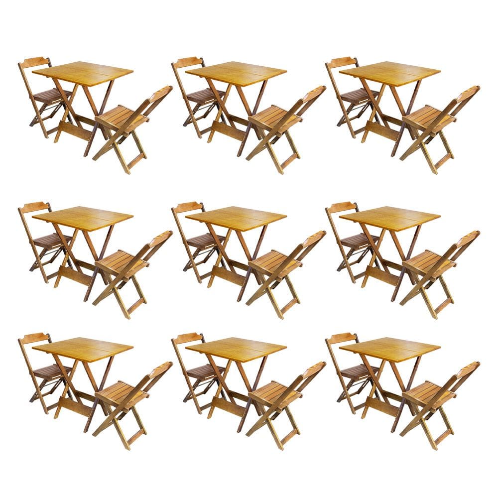 Kit 9 Jogos de Mesa Dobravel com 2 Cadeiras de Madeira 70x70 para Restaurante e Bar - Caramelo