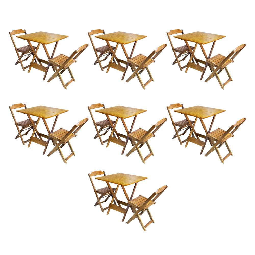 Kit 7 Conjuntos de Mesa Dobravel com 2 Cadeiras de Madeira 70x70 para Restaurante e Bar - Caramelo