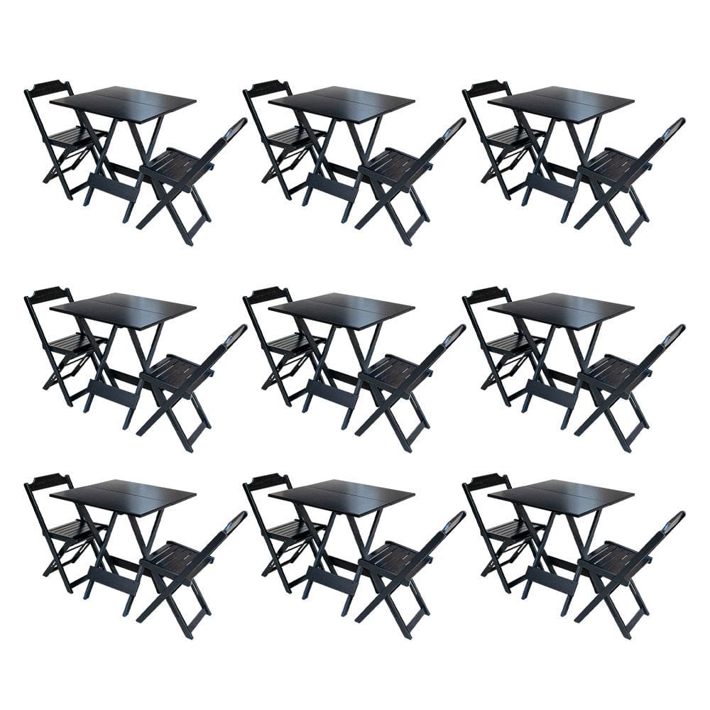 Kit 9 Conjuntos de Mesa Dobravel com 2 Cadeiras de Madeira 70x70 para Restaurante e Bar - Preto