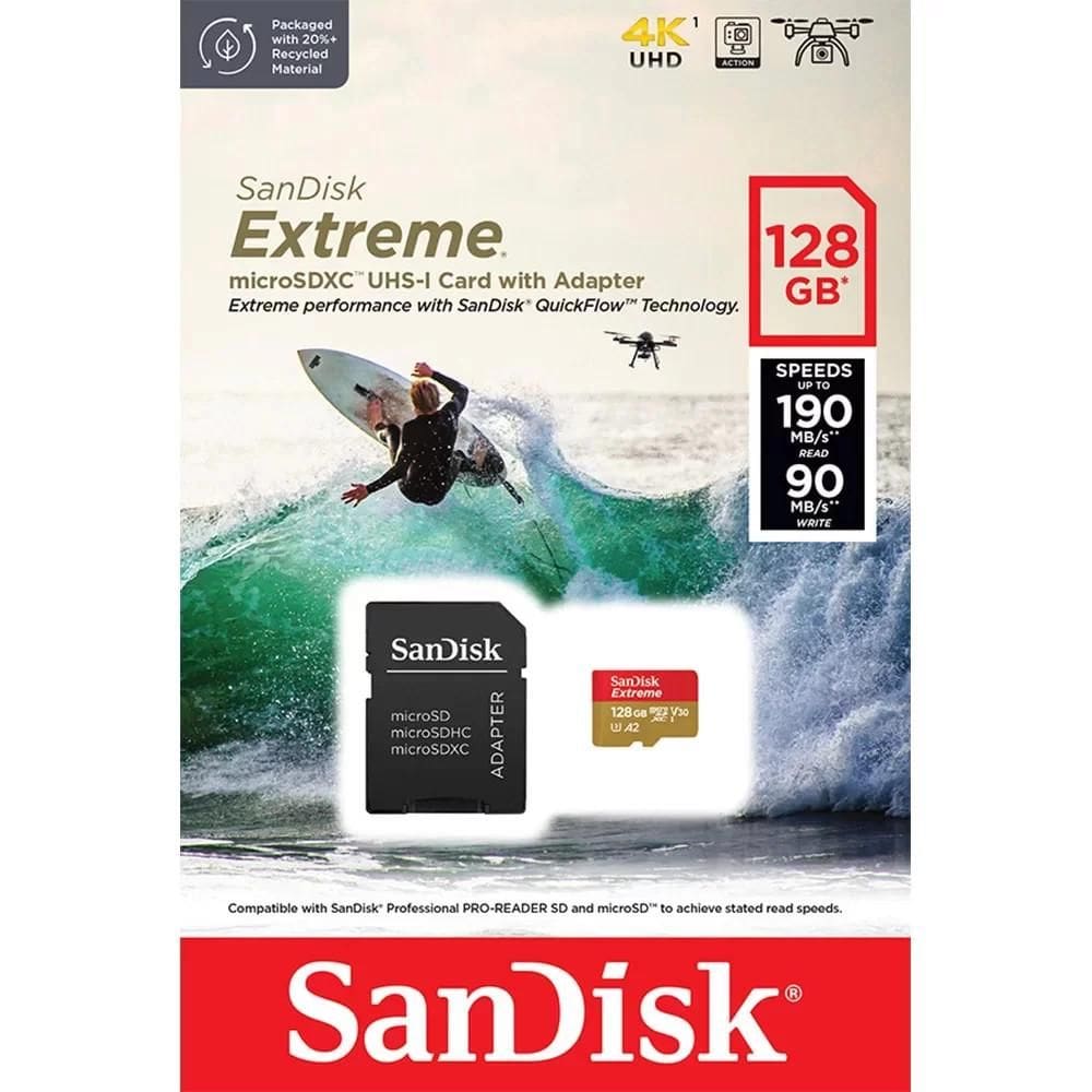 Cartão Micro SD 128GB Sandisk Extreme com adaptador, captura de vídeo 4K UHD e Full HD, SDSQXAA-128G-GN6MA