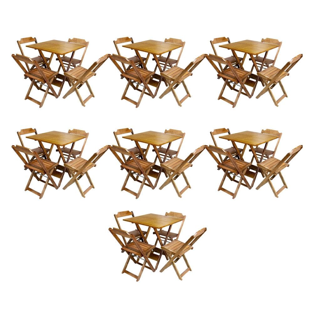 Kit 7 Jogos de Mesa Dobravel com 4 Cadeiras de Madeira 70x70 para Restaurante e Bar - Caramelo