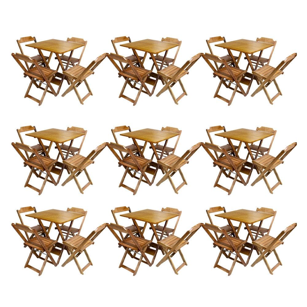 Kit 9 Conjuntos de Mesa Dobravel com 4 Cadeiras de Madeira 70x70 para Restaurante e Bar - Caramelo