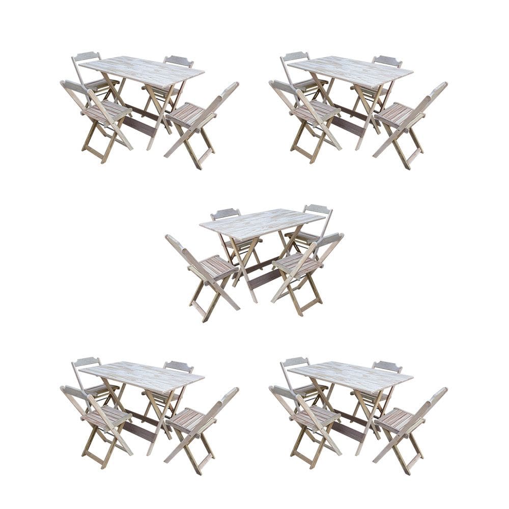 Kit 5 Jogos de Mesa Dobravel com 4 Cadeiras de Madeira 120x70 para Restaurante e Bar- sem Pintura