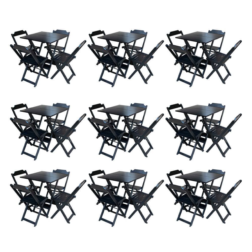 Kit 9 Conjuntos de Mesa Dobravel com 4 Cadeiras de Madeira 70x70 para Restaurante e Bar - Preto