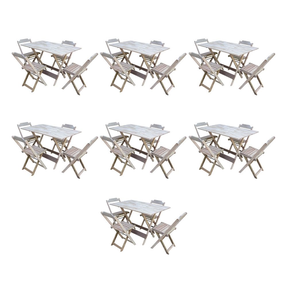 Kit 7 Conjuntos de Mesa Dobravel com 4 Cadeiras de Madeira 120x70 para Restaurante e Bar - sem Pintu