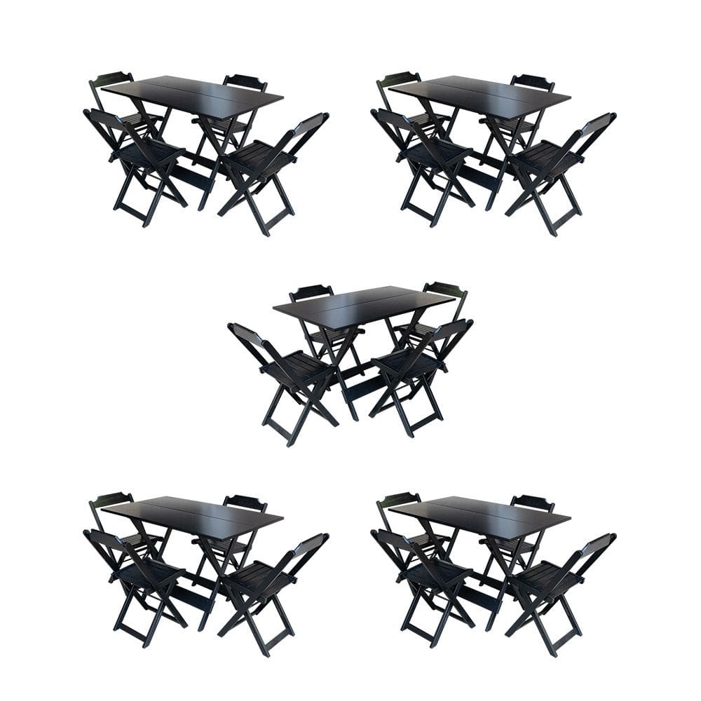 Kit 5 Jogos de Mesa Dobravel com 4 Cadeiras de Madeira 120x70 para Restaurante e Bar - Preto