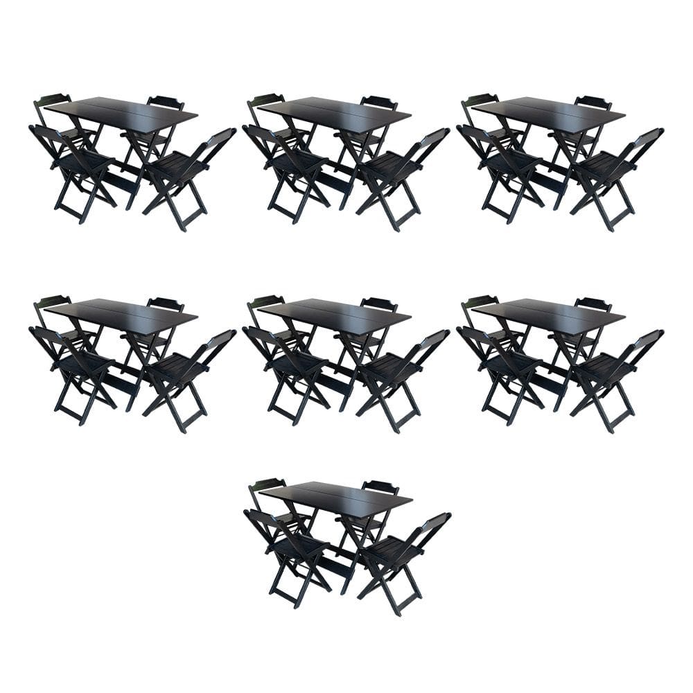 Kit 7 Conjuntos de Mesa Dobravel com 4 Cadeiras de Madeira 120x70 para Restaurante e Bar - Preto
