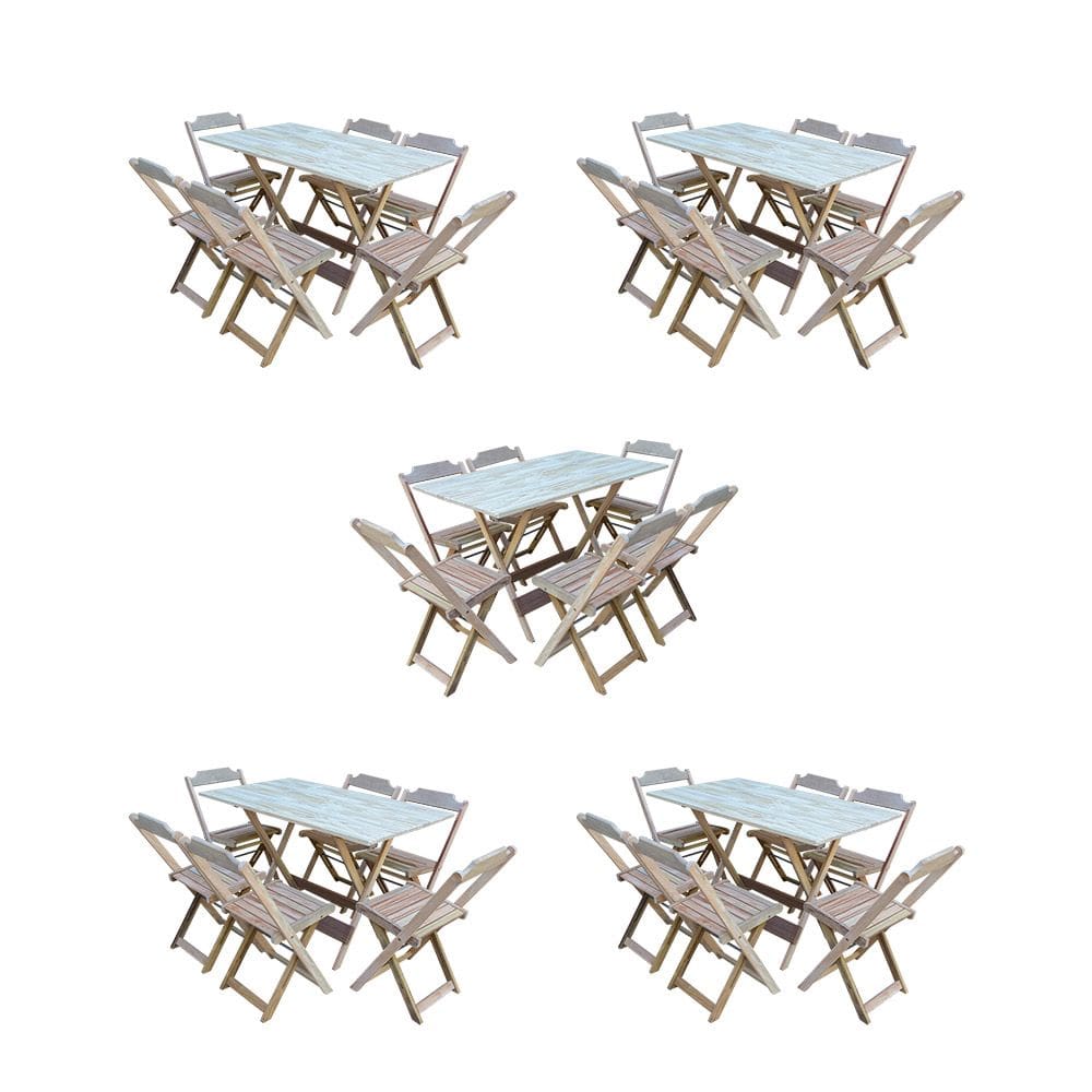 Kit 5 Jogos de Mesa Dobravel com 6 Cadeiras de Madeira 120x70 para Restaurante e Bar - sem Pintura