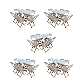 Kit 5 Conjuntos de Mesa Dobravel com 6 Cadeiras de Madeira 120x70 para Restaurante e Bar- sem Pintur