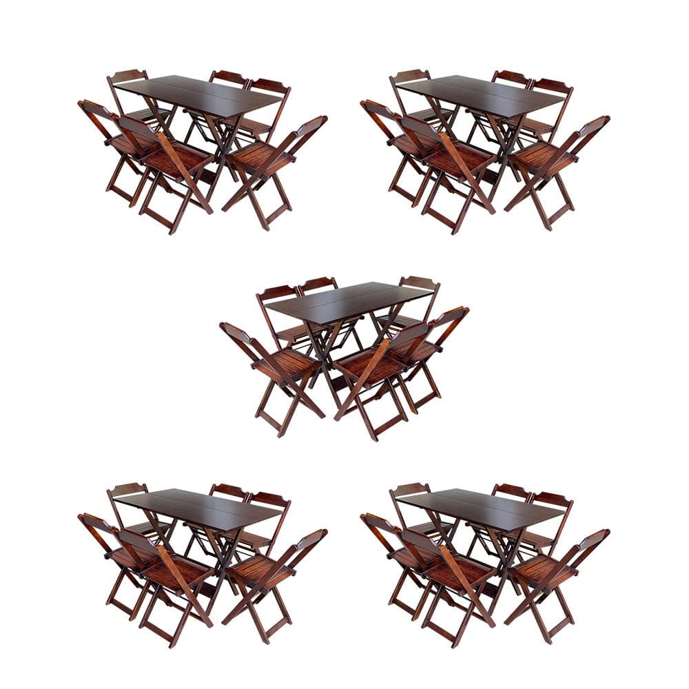 Kit 5 Conjuntos de Mesa Dobravel com 6 Cadeiras de Madeira 120x70 para Restaurante e Bar - Imbuia