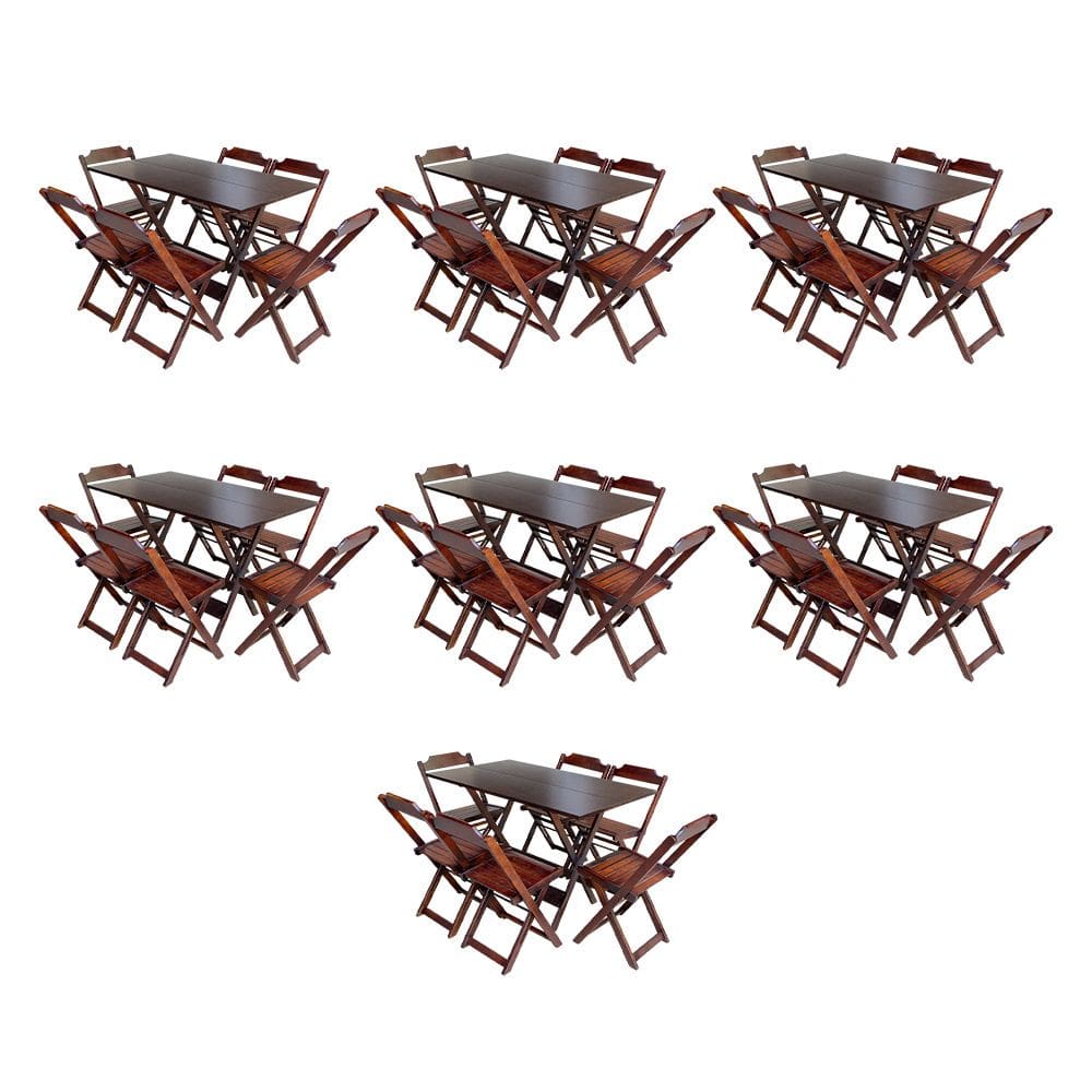 Kit 7 Conjuntos de Mesa Dobravel com 6 Cadeiras de Madeira 120x70 para Restaurante e Bar - Imbuia