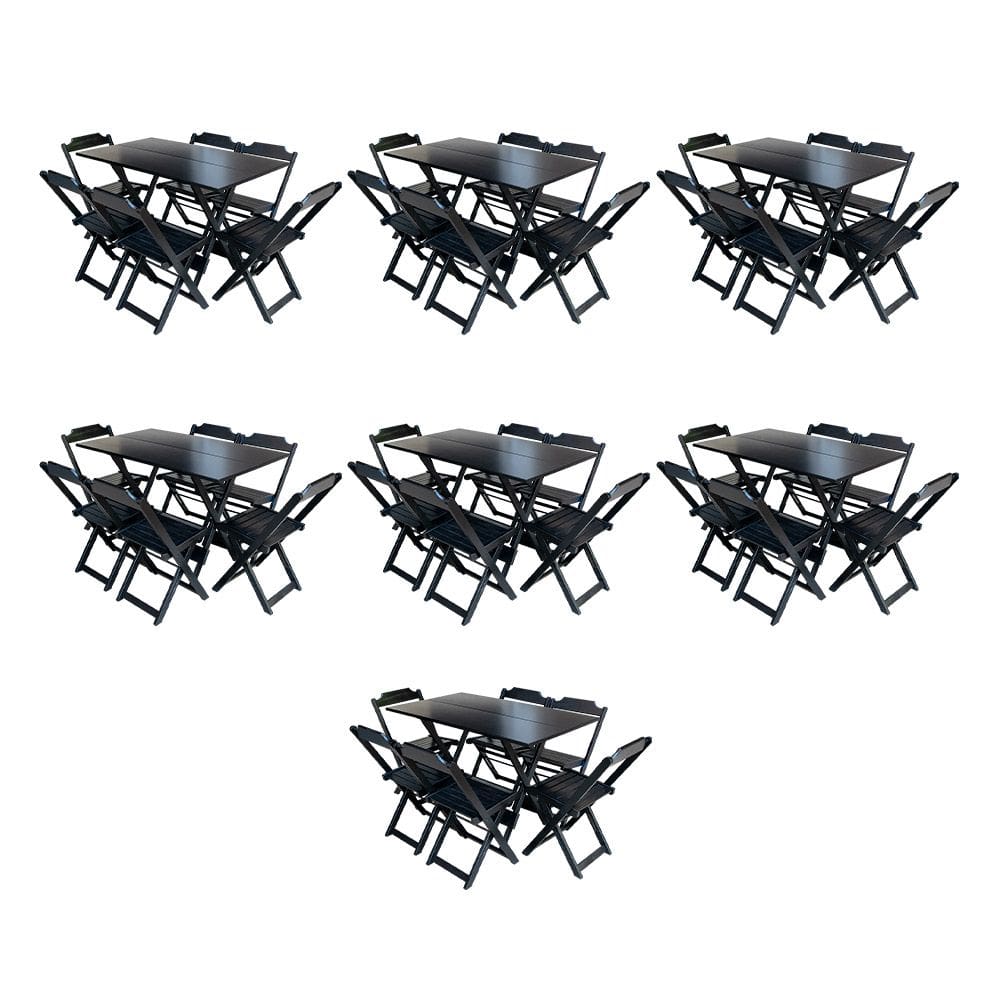 Kit 7 Conjuntos de Mesa Dobravel com 6 Cadeiras de Madeira 120x70 para Restaurante e Bar - Preto