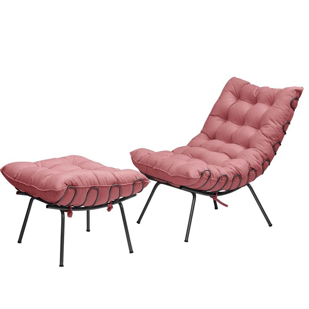 Kit Poltrona e Puff Decorativo Costela Veludo Rosê - Montanaris Decor