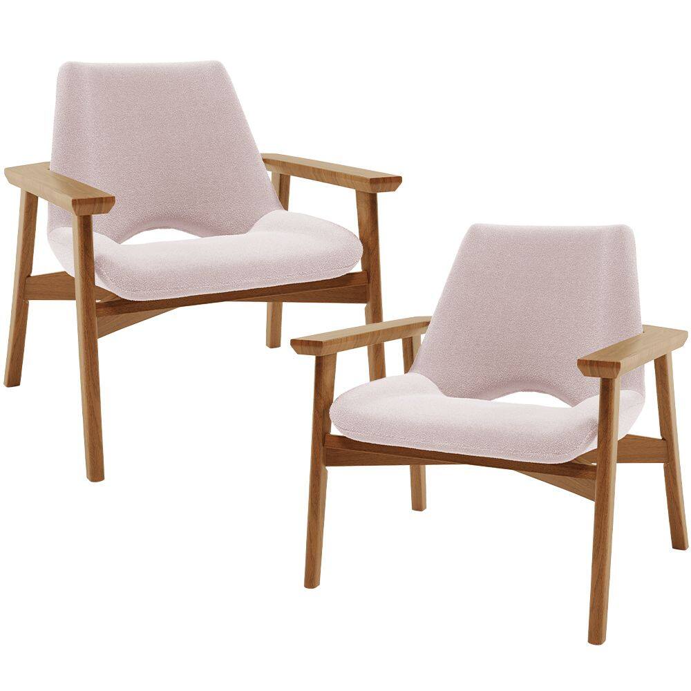 Kit 02 Poltronas Decorativa Para Sala de Estar Living Base Madeira Becker L02 Bouclê Rosê - Lyam Decor