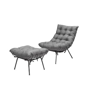 Kit Poltrona e Puff Decorativo Costela Veludo Cinza - Montanaris Decor