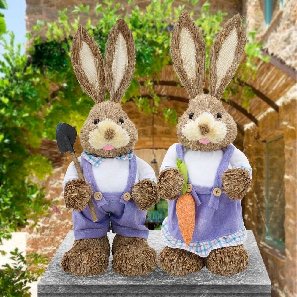 Casal De Coelhos De Páscoa Decoração Enfeite Coelhinhos - 46cm