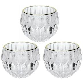 Jogo 3 Porta Velas Castiçal Vidro Facetado Borda Dourado - Yangzi