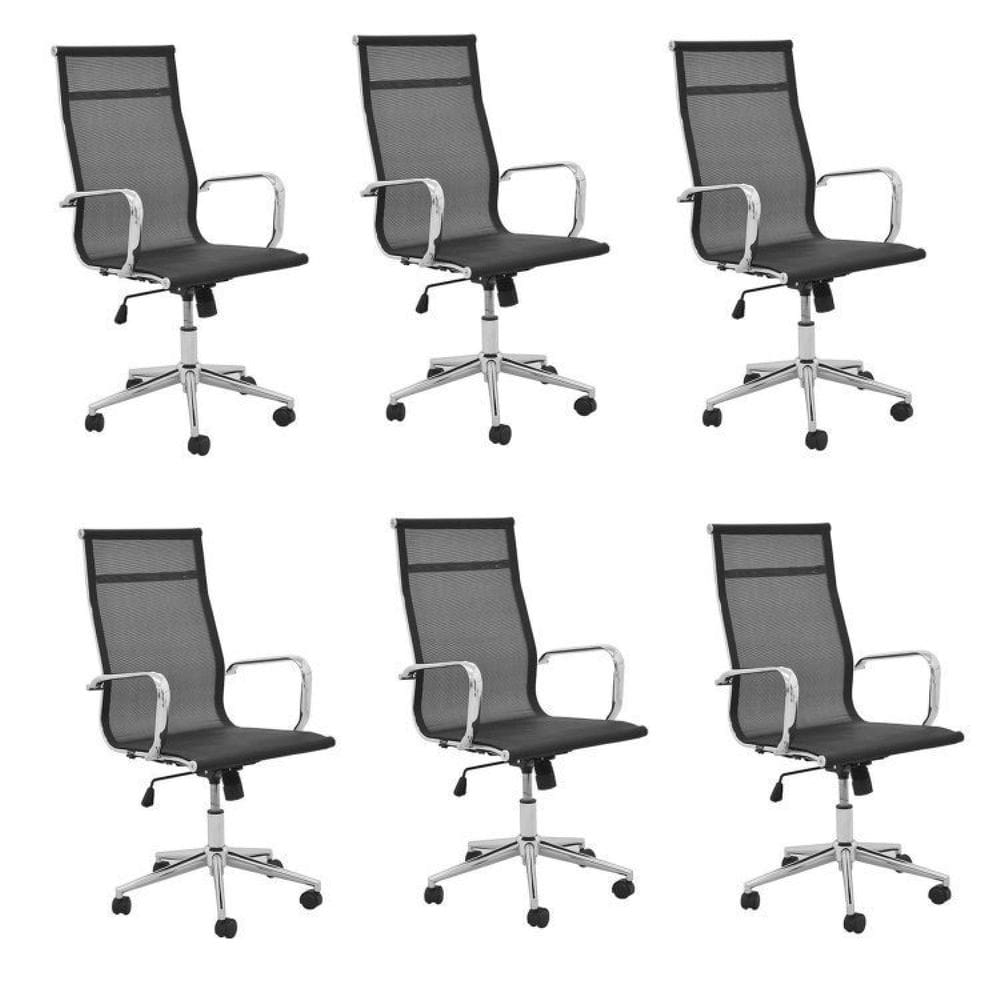 Conjunto 6 Cadeiras de Escritório Presidente Giratória Sevilha Alta Tela Rivatti Preto