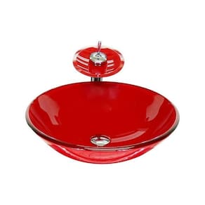 Cuba de Vidro Redonda 42cm + Valvula + Torneira Cascata Vermelho Ferrari