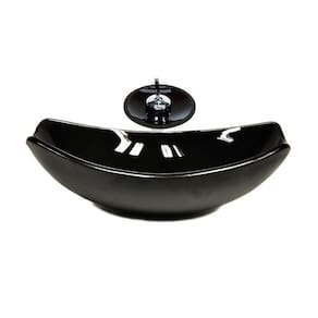 Cuba de Vidro Oval Chanfrada 51cm + Valvula + Torneira Cascata Preto