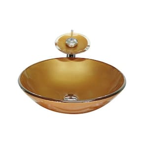 Cuba de Vidro Redonda 42cm + Valvula + Torneira Cascata Dourado Real