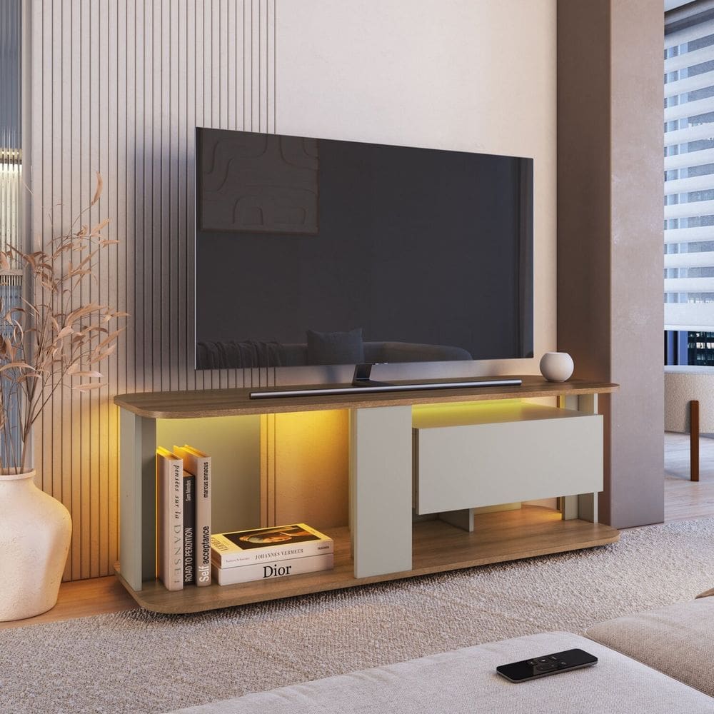 Rack para Tv até 55 Polegadas com 1 Gaveta e Iluminação em Led Rgb Ra0136 Mel/Arenas