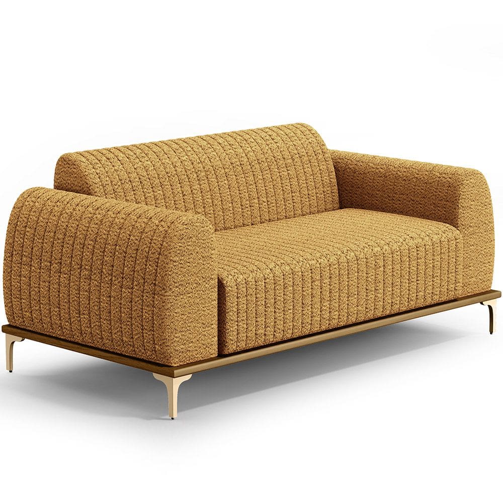 Sofá 3 Lugares Para Sala de Estar Molino 180cm D02 Base Castanho Pés D`Ouro Prime Bouclê Mostarda PB-03 - Lyam Decor