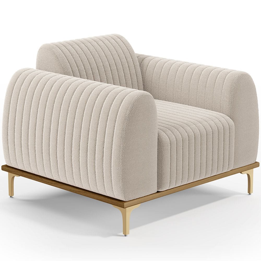 Poltrona Decorativa Base De Madeira Castanho e Pés Metalizado D`Ouro Molino D02 Bouclê Creme B-54 - Lyam Decor