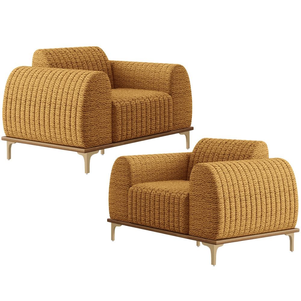 Kit 02 Poltronas Decorativa Base De Madeira Castanho e Pés Metalizado D`Ouro Molino D02 Prime Bouclê Mostrada PB-03 - Lyam Decor