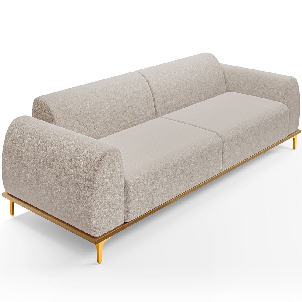 Sofá 3 Lugares Para Sala de Estar Kiev 180cm D02 Base Castanho Pés D`ouro Bouclê Creme B-54 - Lyam Decor